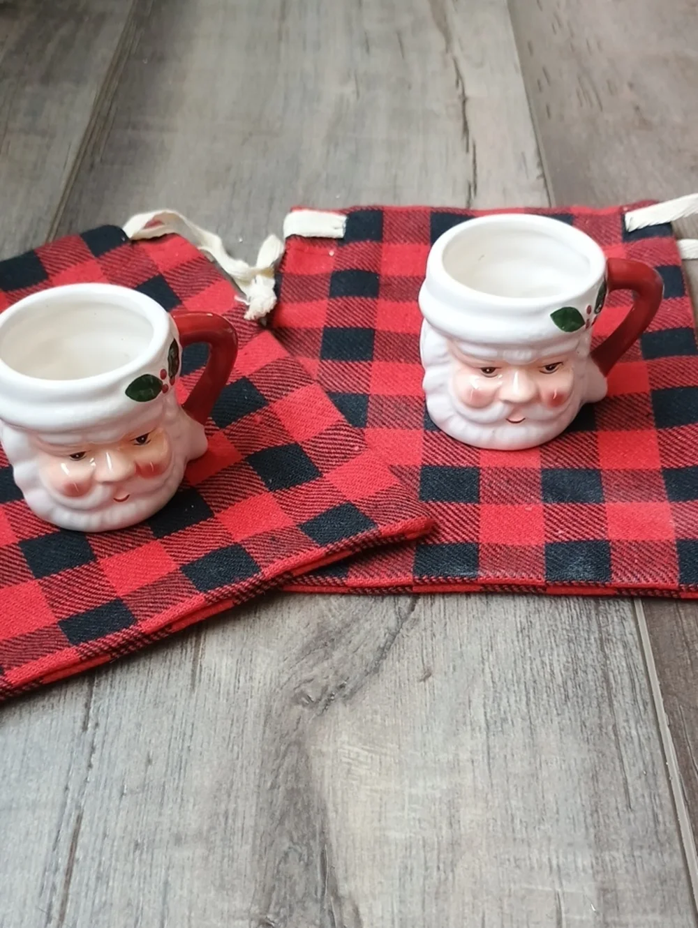 Mini Ceramic Santa Face Mugs Set of 2 - White with Red Handles